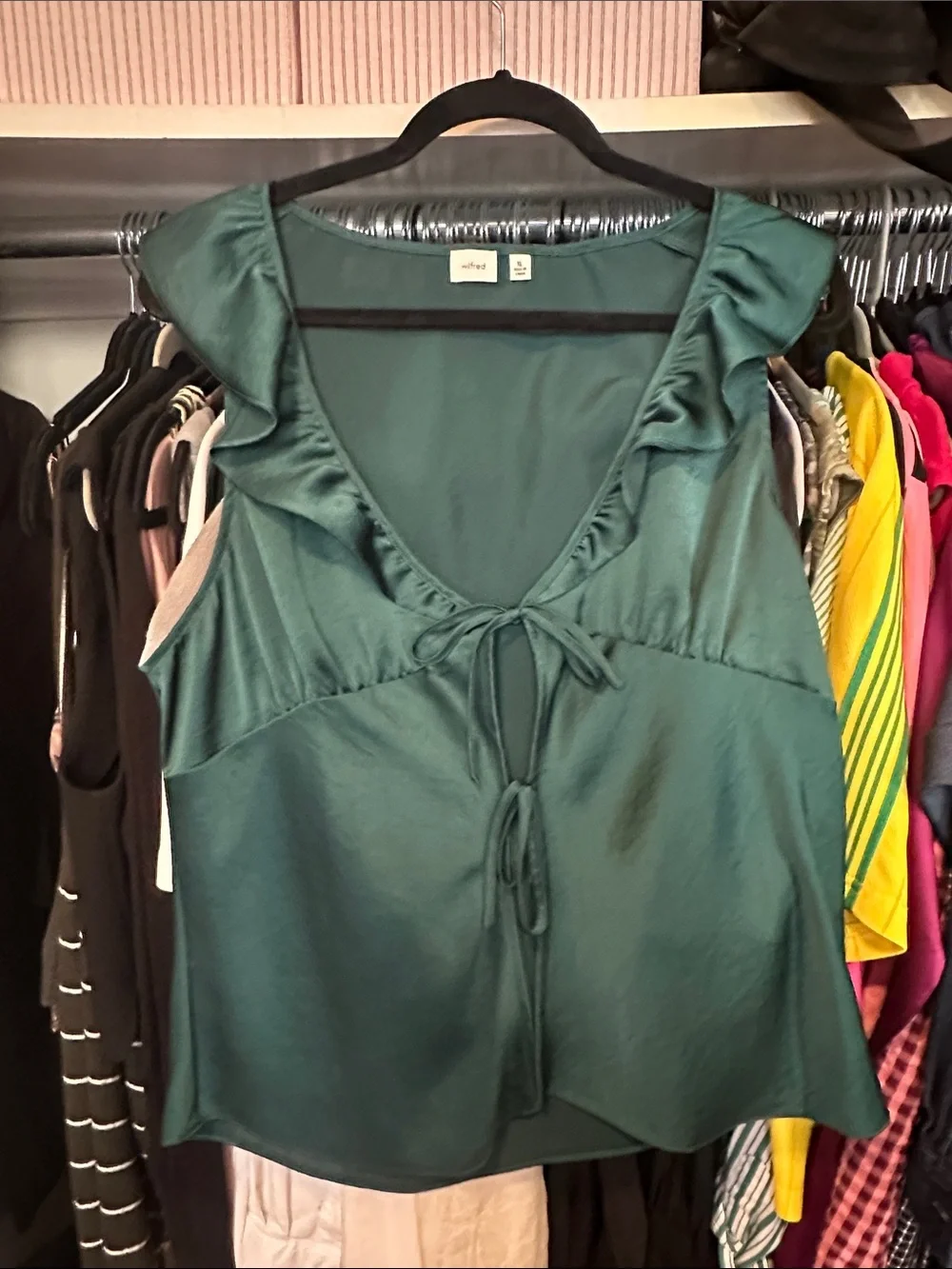 Aritzia Forest Green Ruffle Tie-Front Sleeveless Top